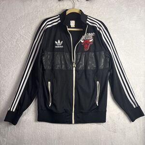 VTG 90s Adidas Chicago Bulls Jacket Mens sz M Black Red Full Zip Trefoil Track